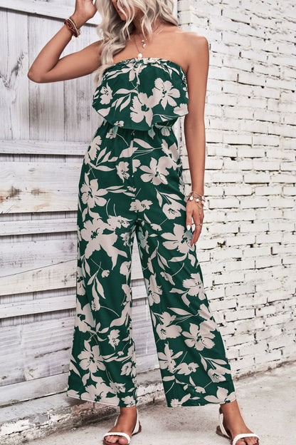 Floral Strapless Wide Leg Jumpsuit-Angel Casuals