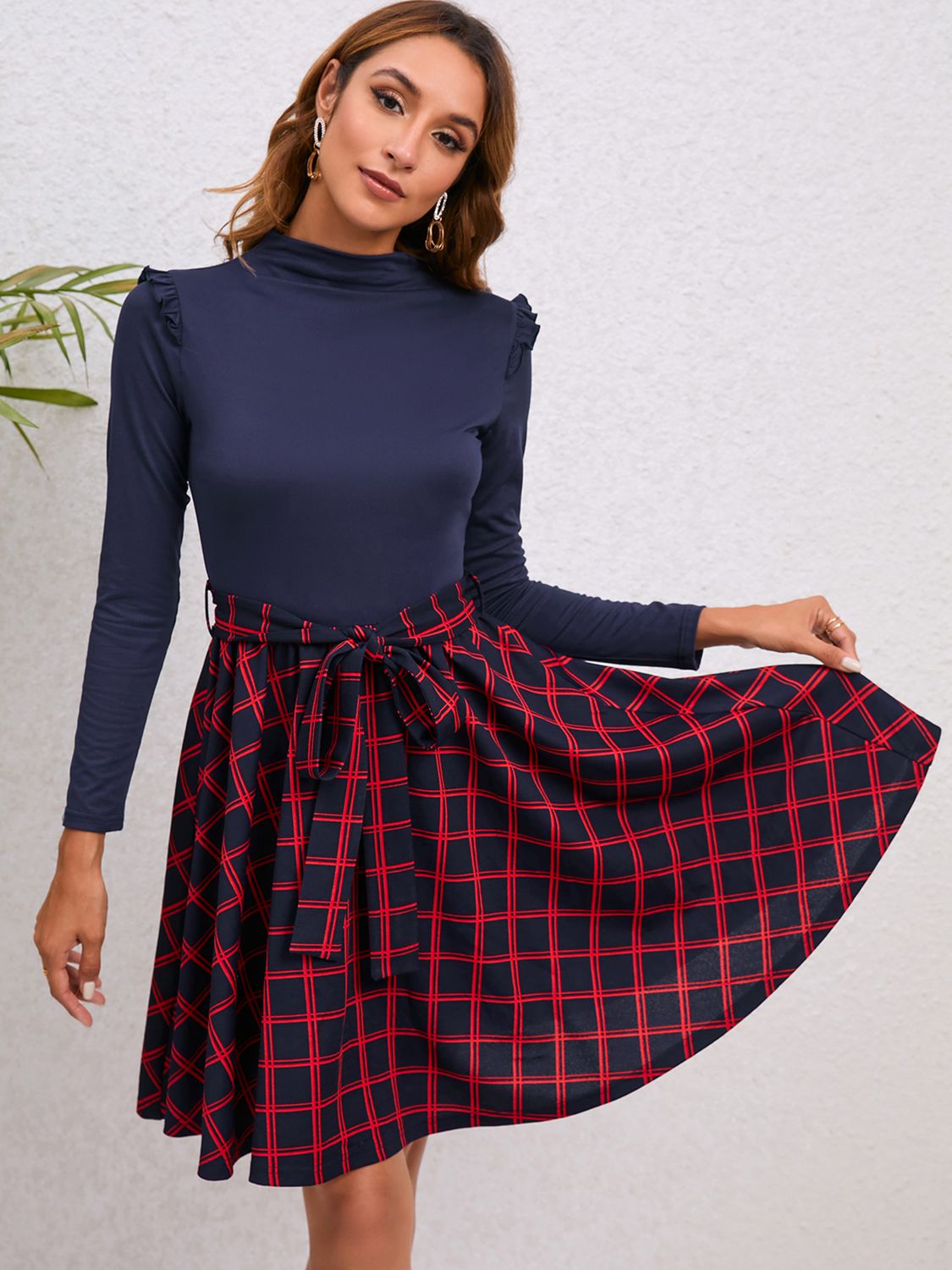 Plaid Tie Waist Ruffle Shoulder Dress-Angel Casuals