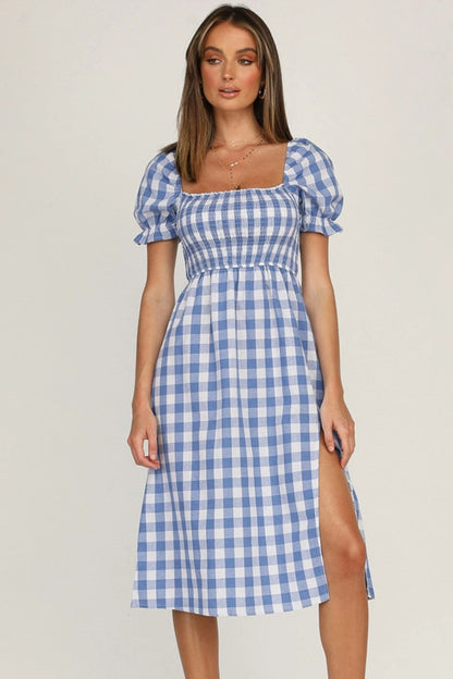 Full Size Slit Plaid Short Sleeve Midi Dress-Angel Casuals