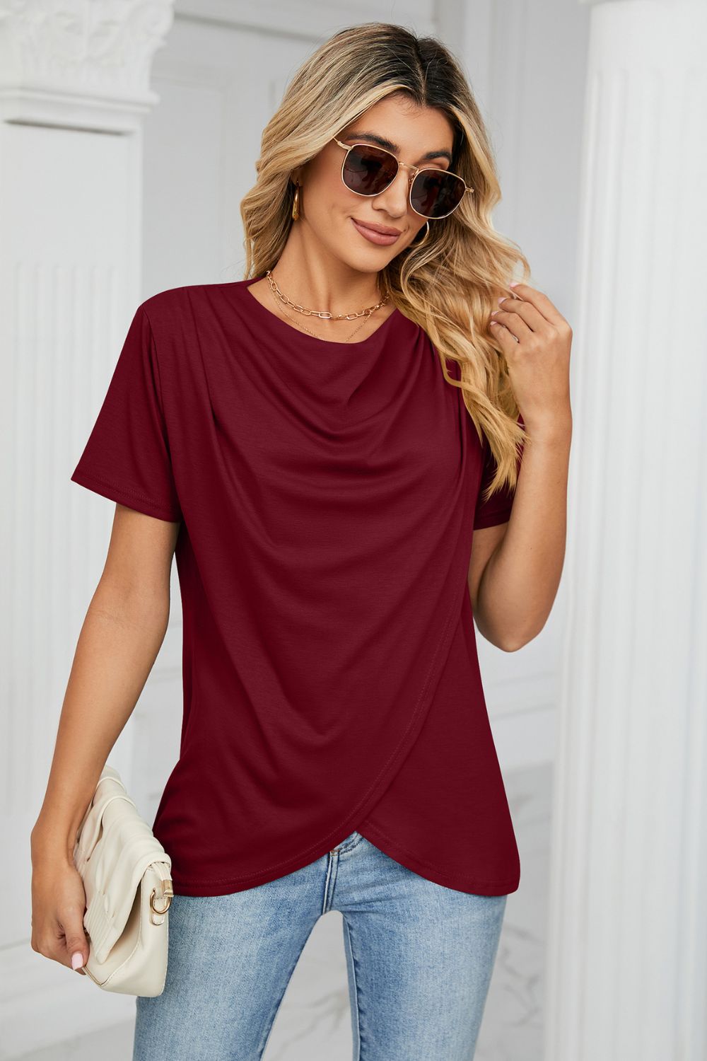 Cowl Neck Tulip Hem T-Shirt-Angel Casuals