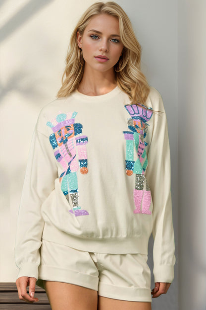 Double Take Full Size Sequin Nutcracker Long Sleeve Sweater-Angel Casuals