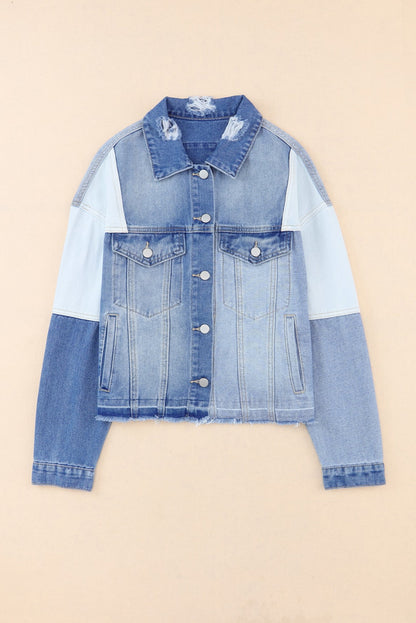 Color Block Distressed Button Up Denim Jacket-Angel Casuals