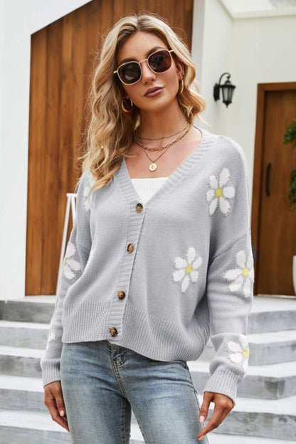 Floral Ribbed Trim Drop Shoulder Cardigan-Angel Casuals