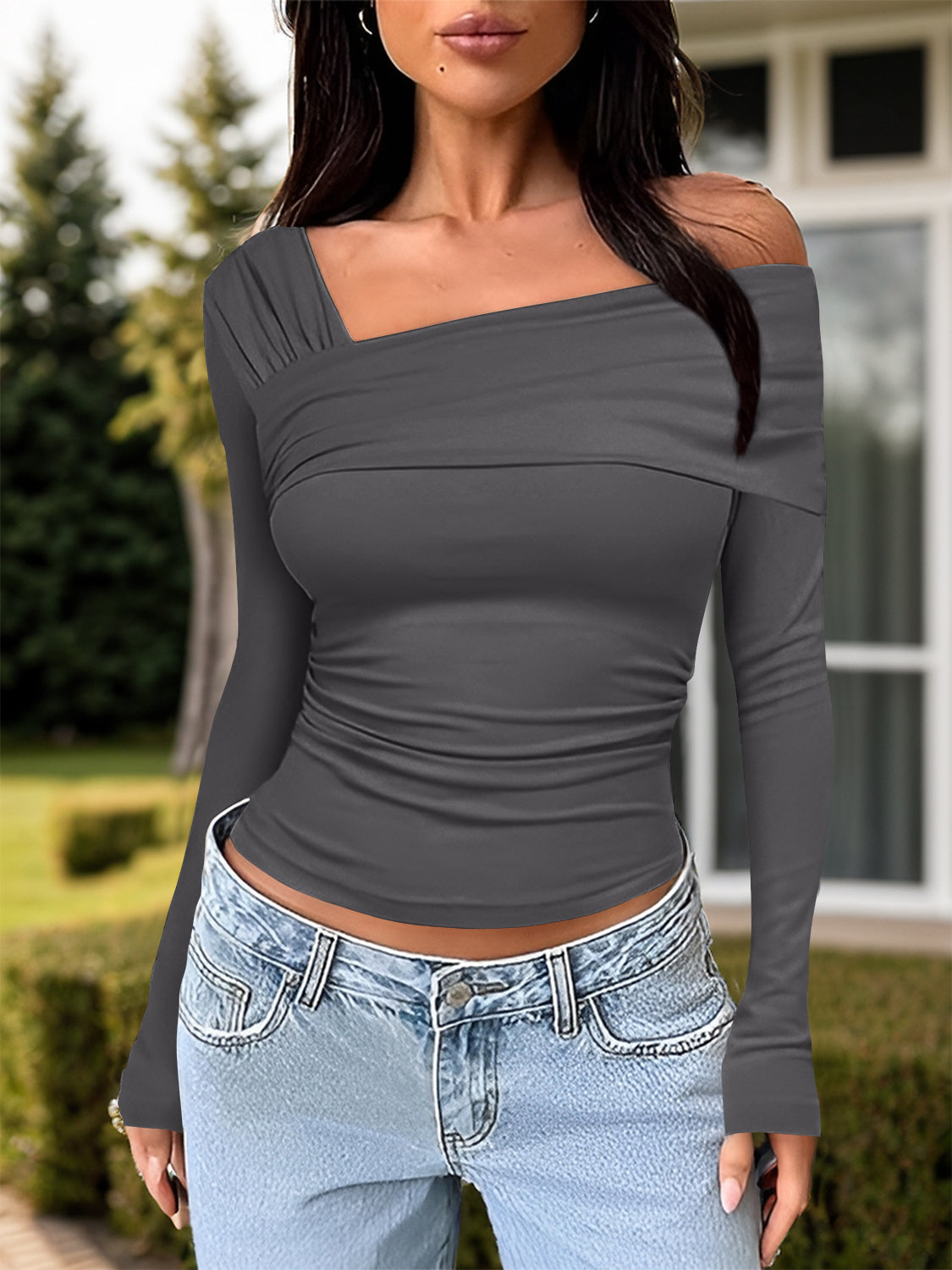 Ruched One Shoulder Long Sleeve T-Shirt-Angel Casuals