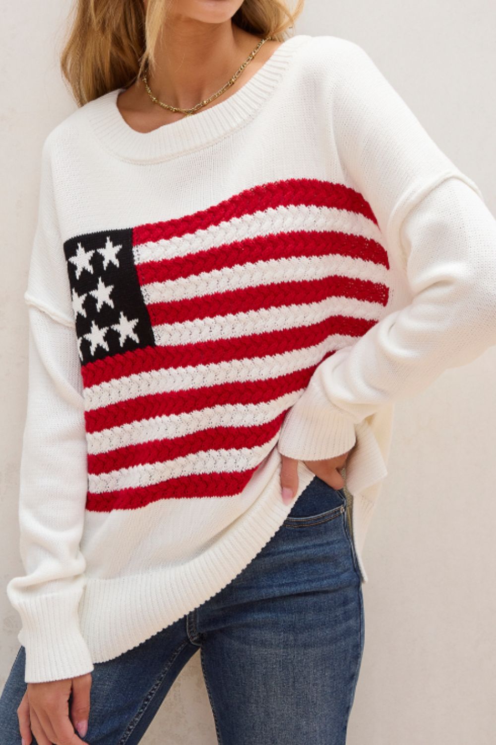 US Flag Side Slit Drop Shoulder Sweater-Angel Casuals