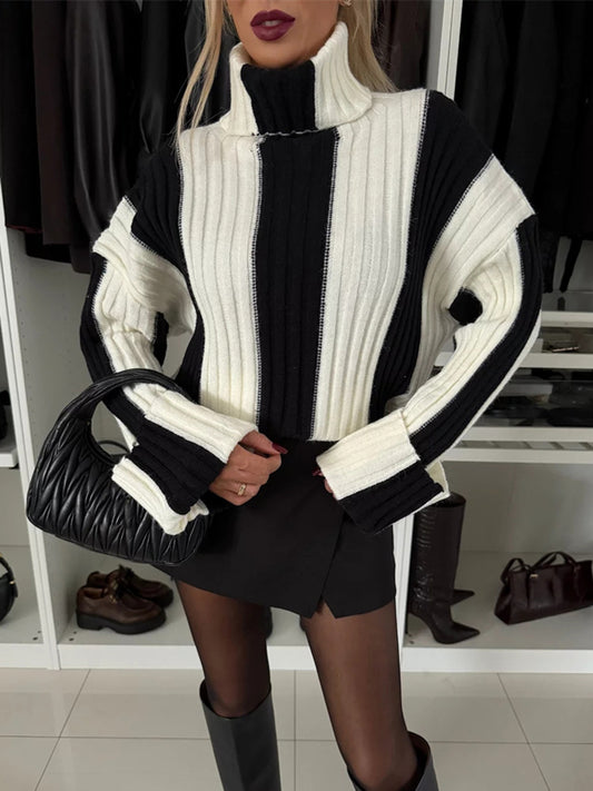 Striped Turtleneck Dropped Shoulder Sweater-Angel Casuals