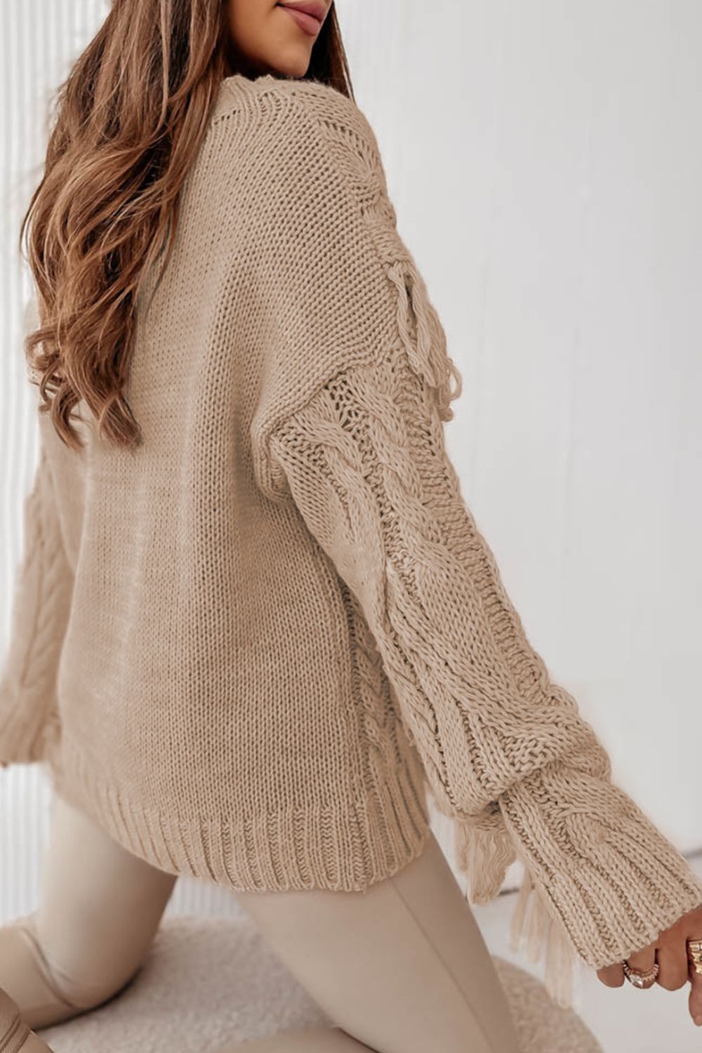 Cable Knit Fringe Round Neck Long Sleeve Sweater-Angel Casuals