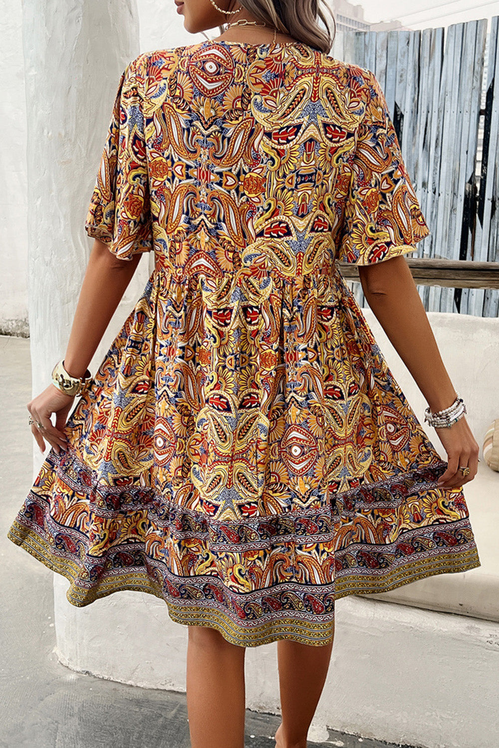 Printed V-Neck Half Sleeve Mini Dress-Angel Casuals