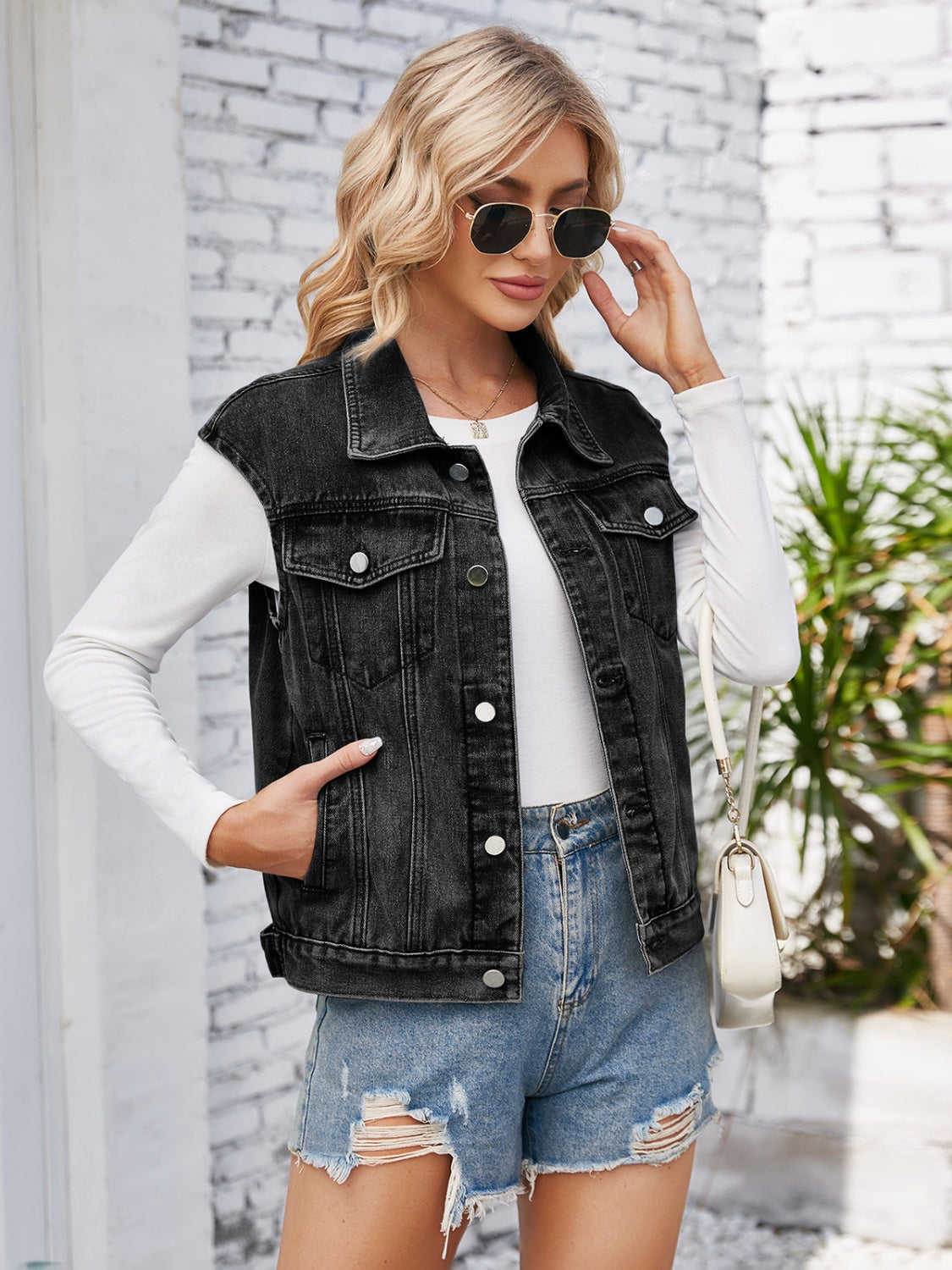 Button Up Cap Sleeve Denim Jacket-Angel Casuals