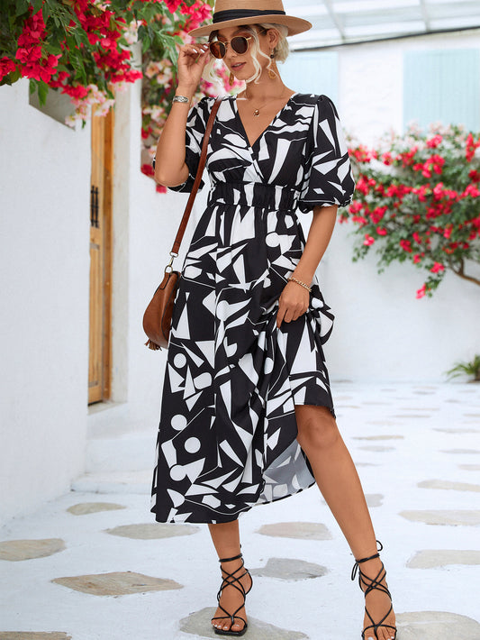 Printed Surplice Balloon Sleeve Dress-Angel Casuals