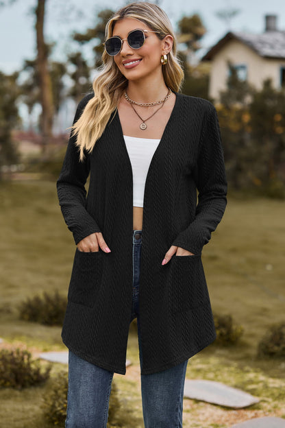 Cable-Knit Long Sleeve Cardigan with Pocket-Angel Casuals