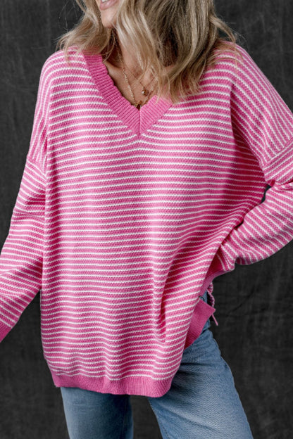 Striped V-Neck Dropped Shoulder Sweater-Angel Casuals