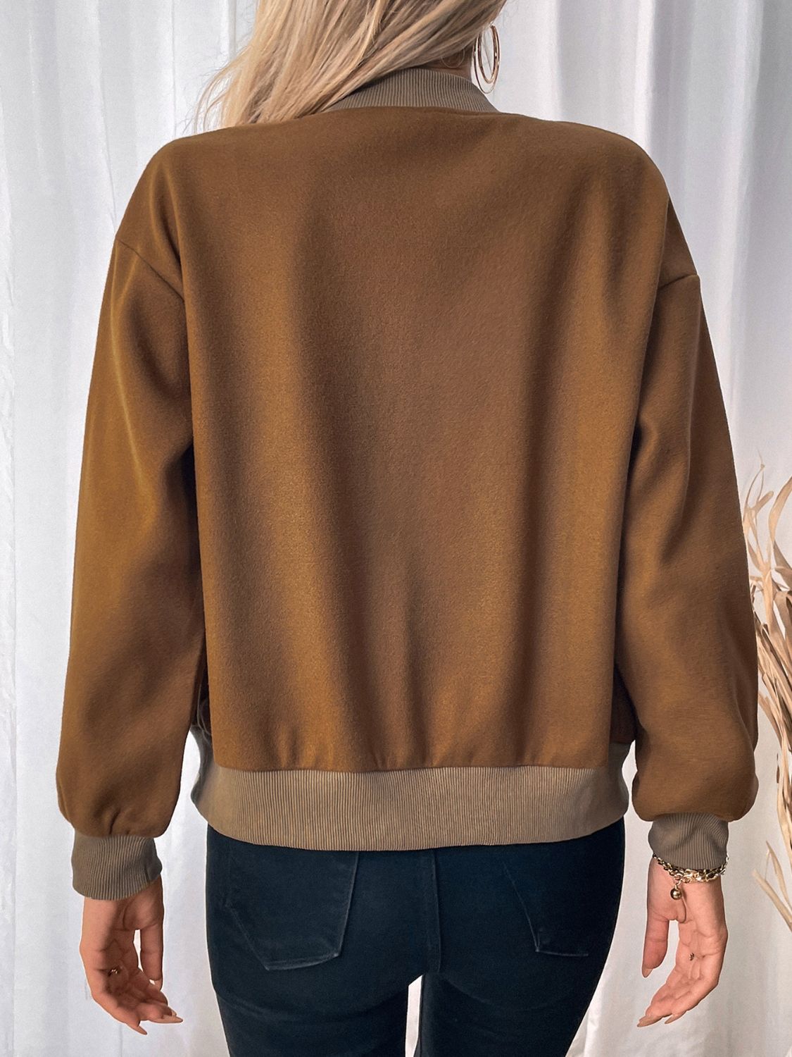 Perfee Baseball Collar Snap Down Long Sleeve Jacket-Angel Casuals