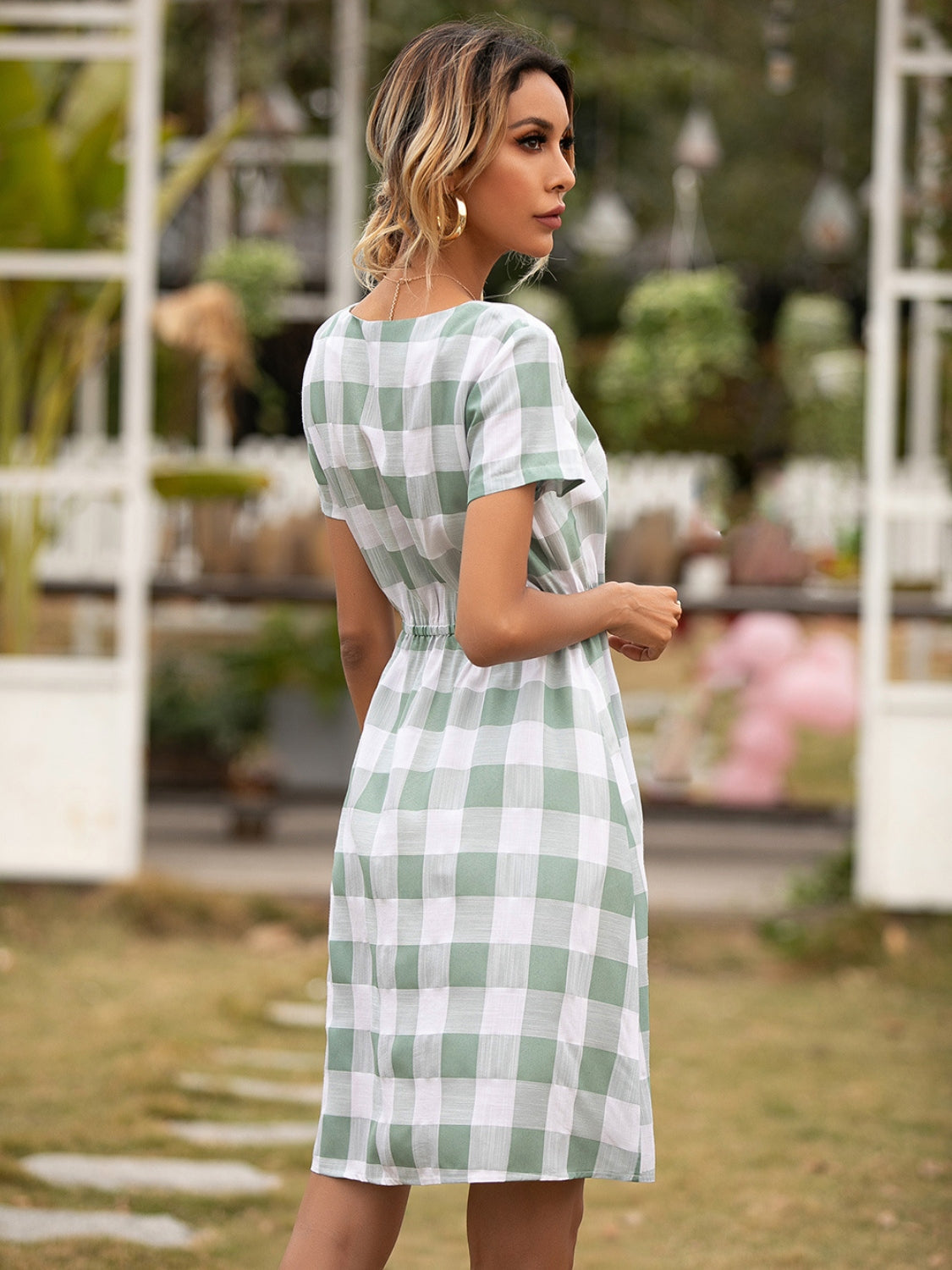 Smocked Plaid Round Neck Short Sleeve Dress-Angel Casuals