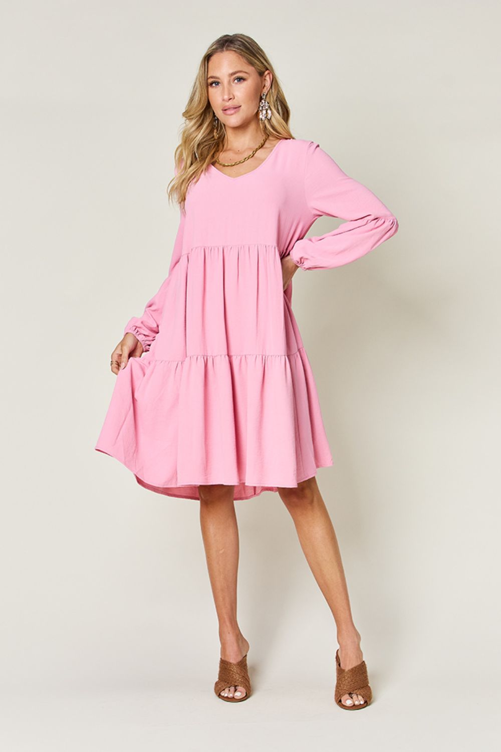 Double Take Full Size V-Neck Balloon Sleeve Tiered Dress-Angel Casuals