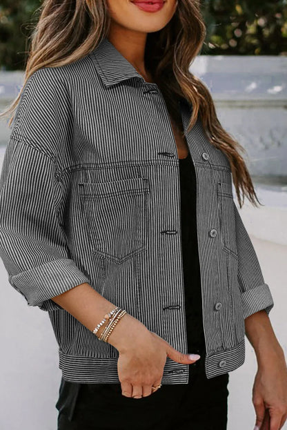 Striped Button Up Long Sleeve Denim Jacket-Angel Casuals