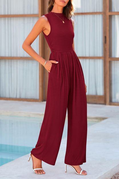 Mock Neck Sleeveless Wide Leg Jumpsuit-Angel Casuals