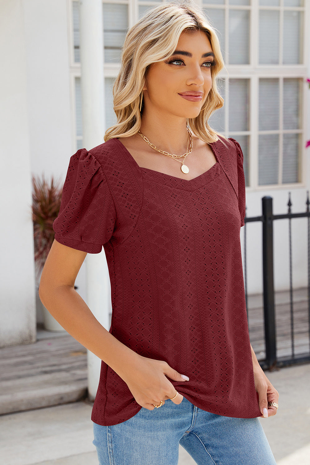 Eyelet Puff Sleeve T-Shirt-Angel Casuals
