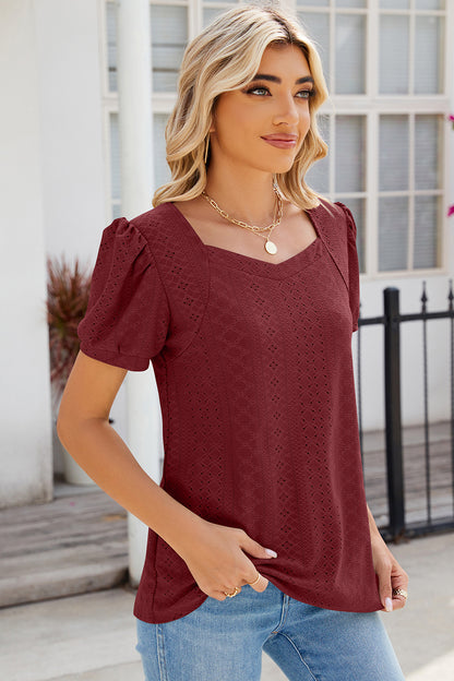 Eyelet Puff Sleeve T-Shirt-Angel Casuals