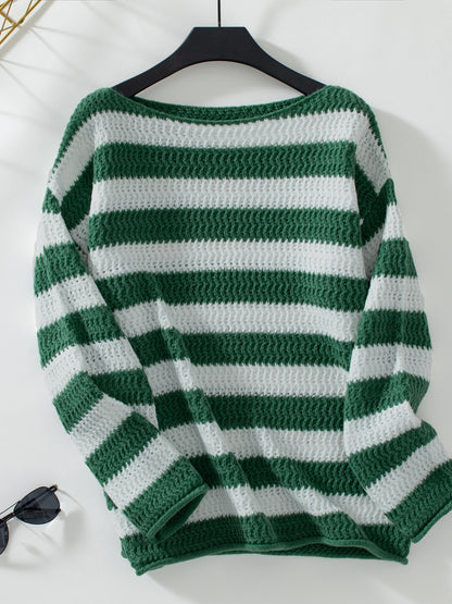 Striped Dropped Shoulder Long Sleeve Sweater-Angel Casuals