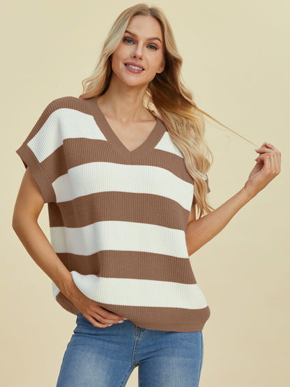 Double Take Full Size Striped V-Neck Short Sleeve Sweater-Angel Casuals