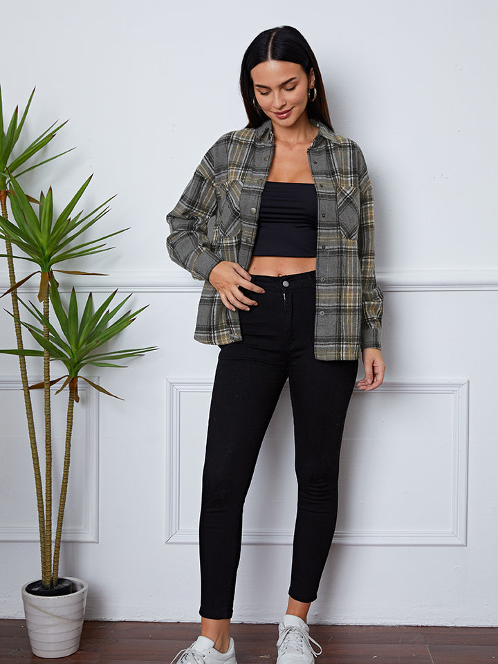 Plaid Snap Down Long Sleeve Shacket-Angel Casuals