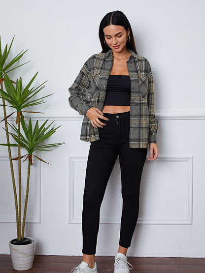 Plaid Snap Down Long Sleeve Shacket-Angel Casuals