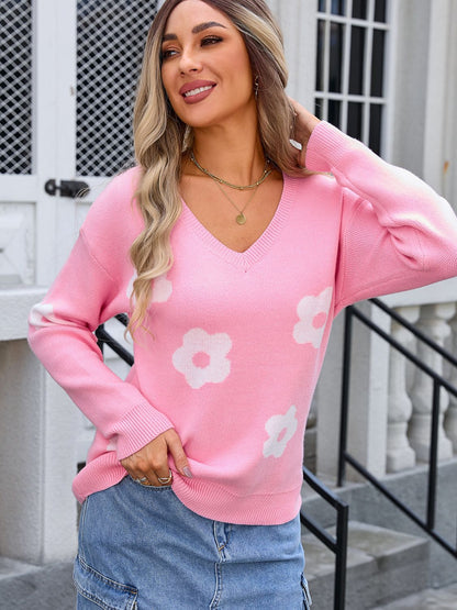 Angel Wings Flower V-Neck Long Sleeve Sweater-Angel Casuals