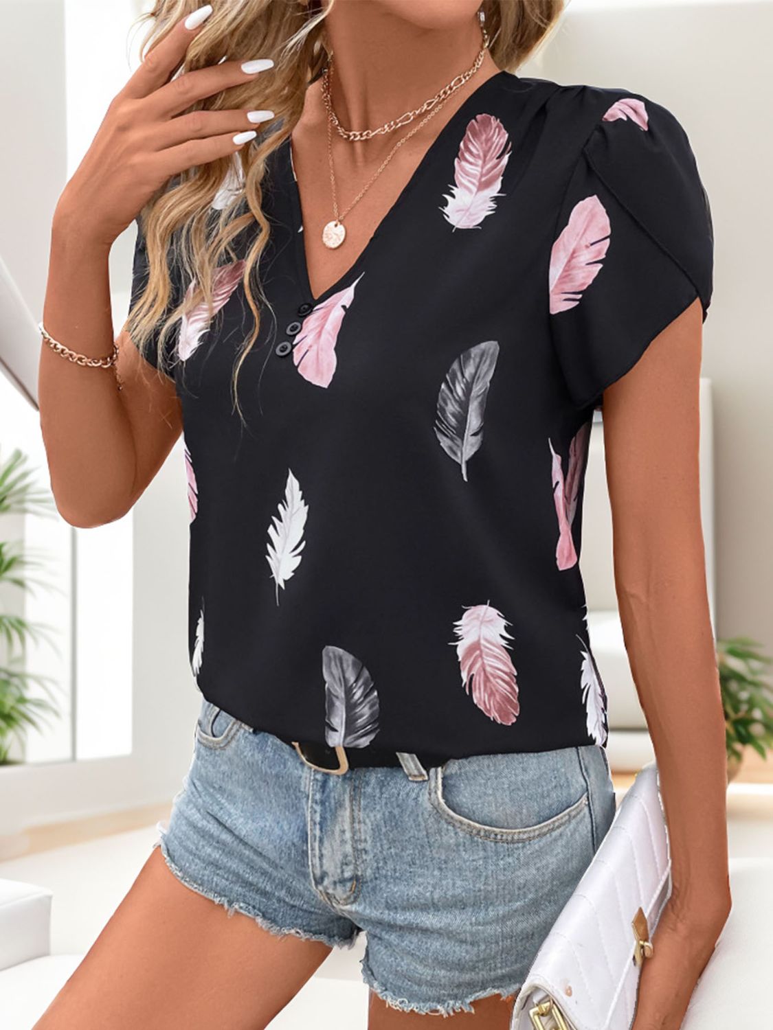 Printed V-Neck Short Sleeve Blouse-Angel Casuals