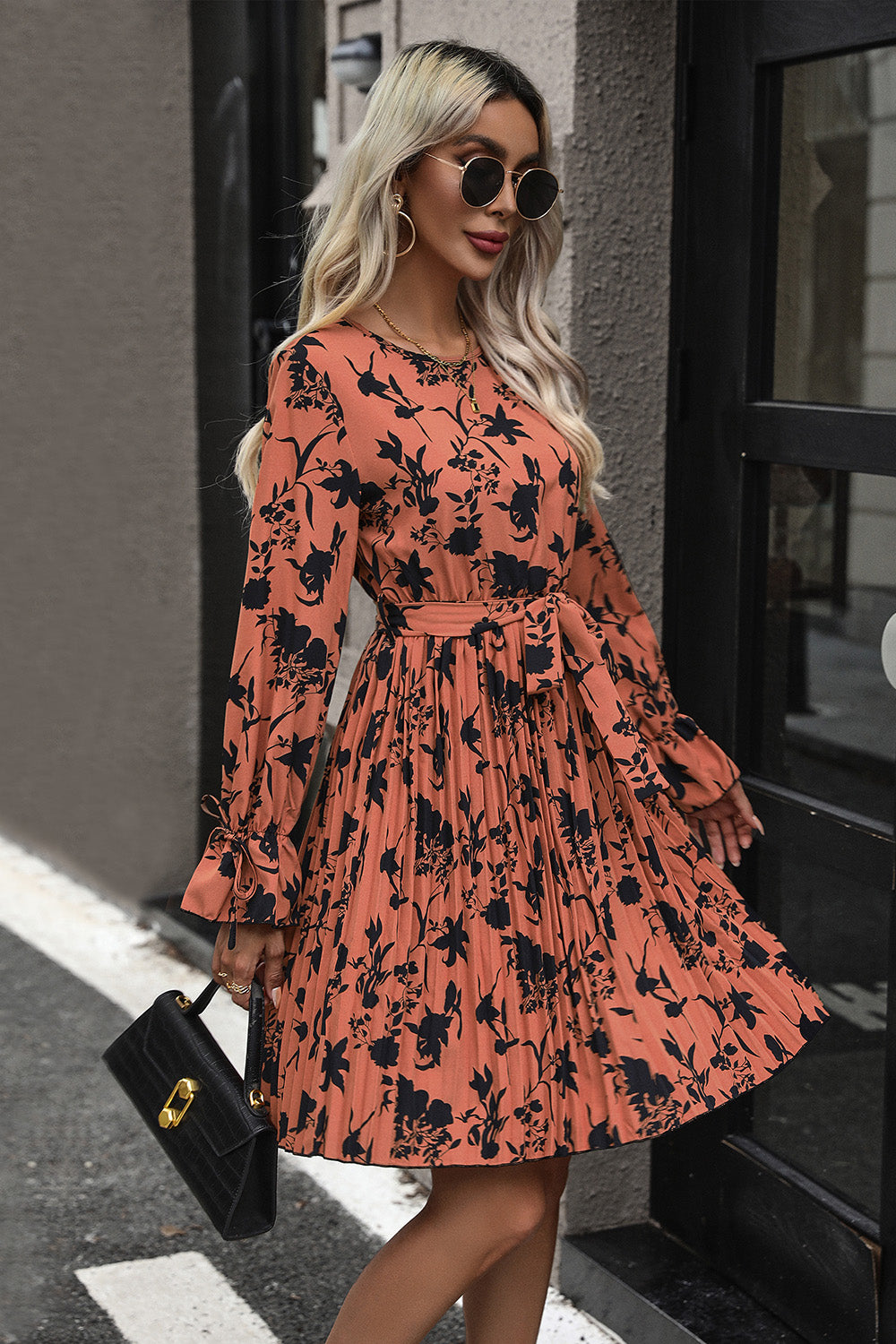 Tie-Waist Printed Pleated Mini Dress-Angel Casuals