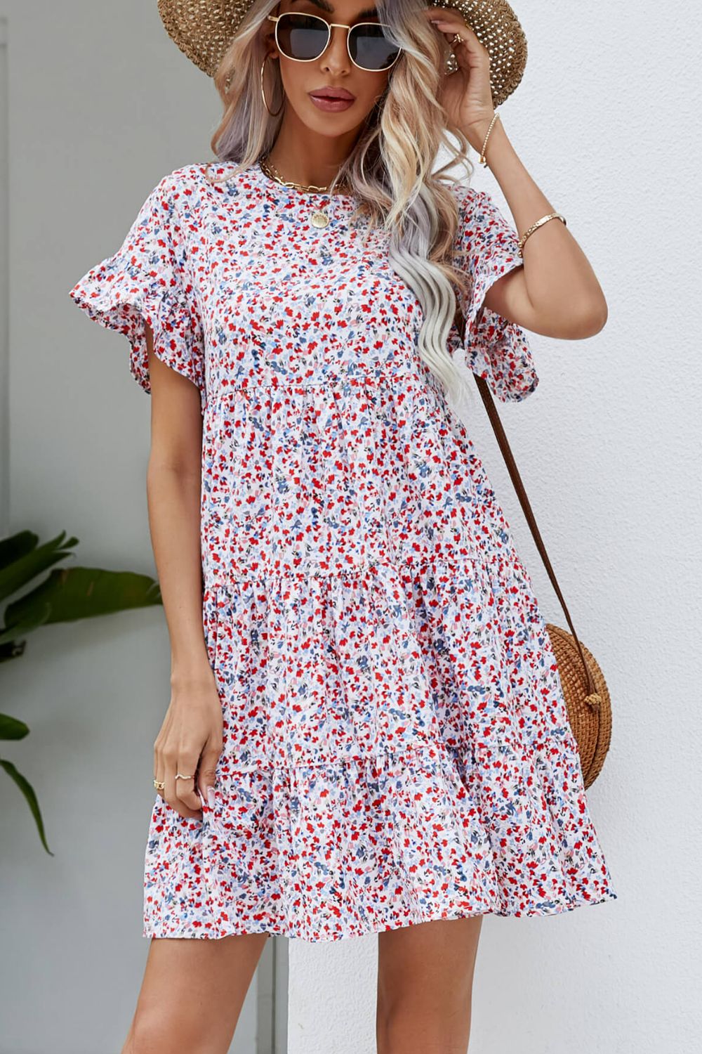 Ditsy Floral Flounce Sleeve Tiered Dress-Angel Casuals