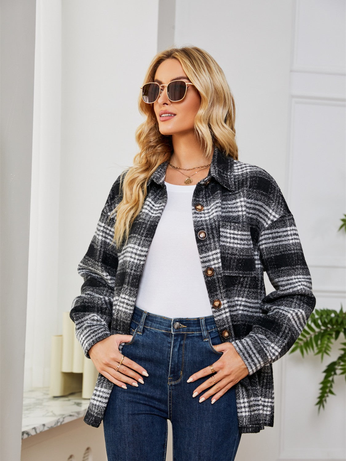 Plaid Collared Shirt Jacket-Angel Casuals