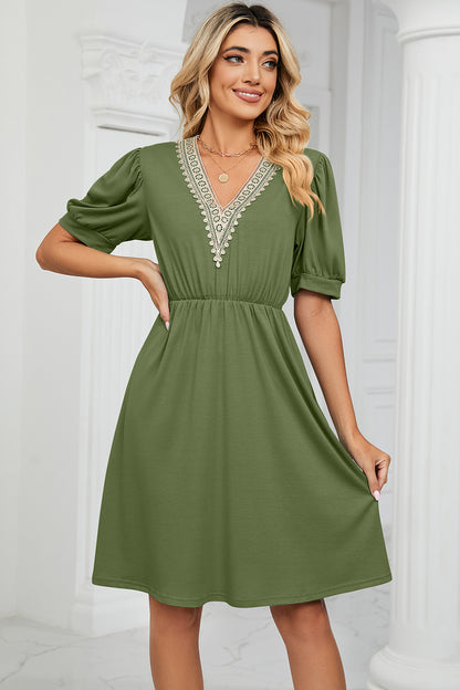 V-Neck Puff Sleeve Dress-Angel Casuals