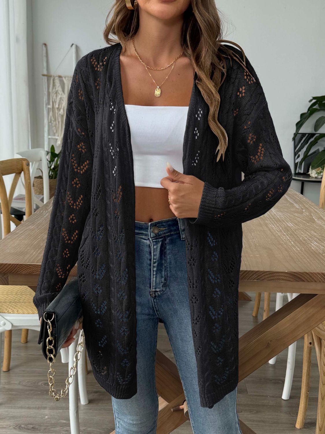 Openwork Open Front Long Sleeve Cardigan-Angel Casuals