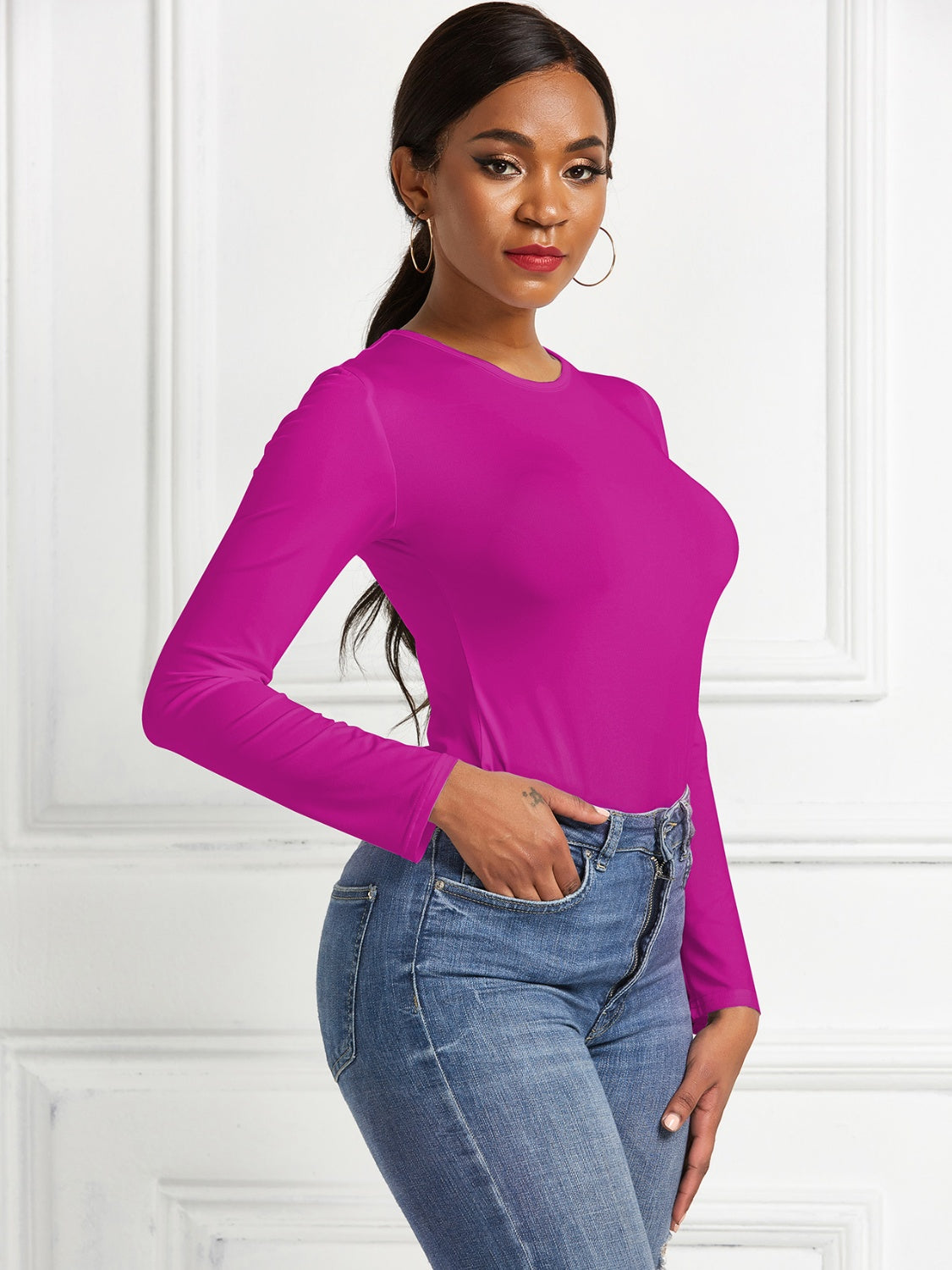 Round Neck Long Sleeve Bodysuit-Angel Casuals