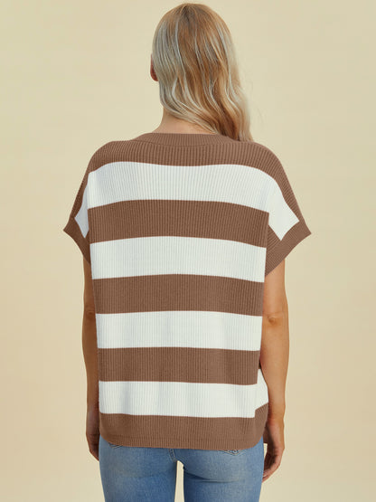 Double Take Full Size Striped V-Neck Short Sleeve Sweater-Angel Casuals