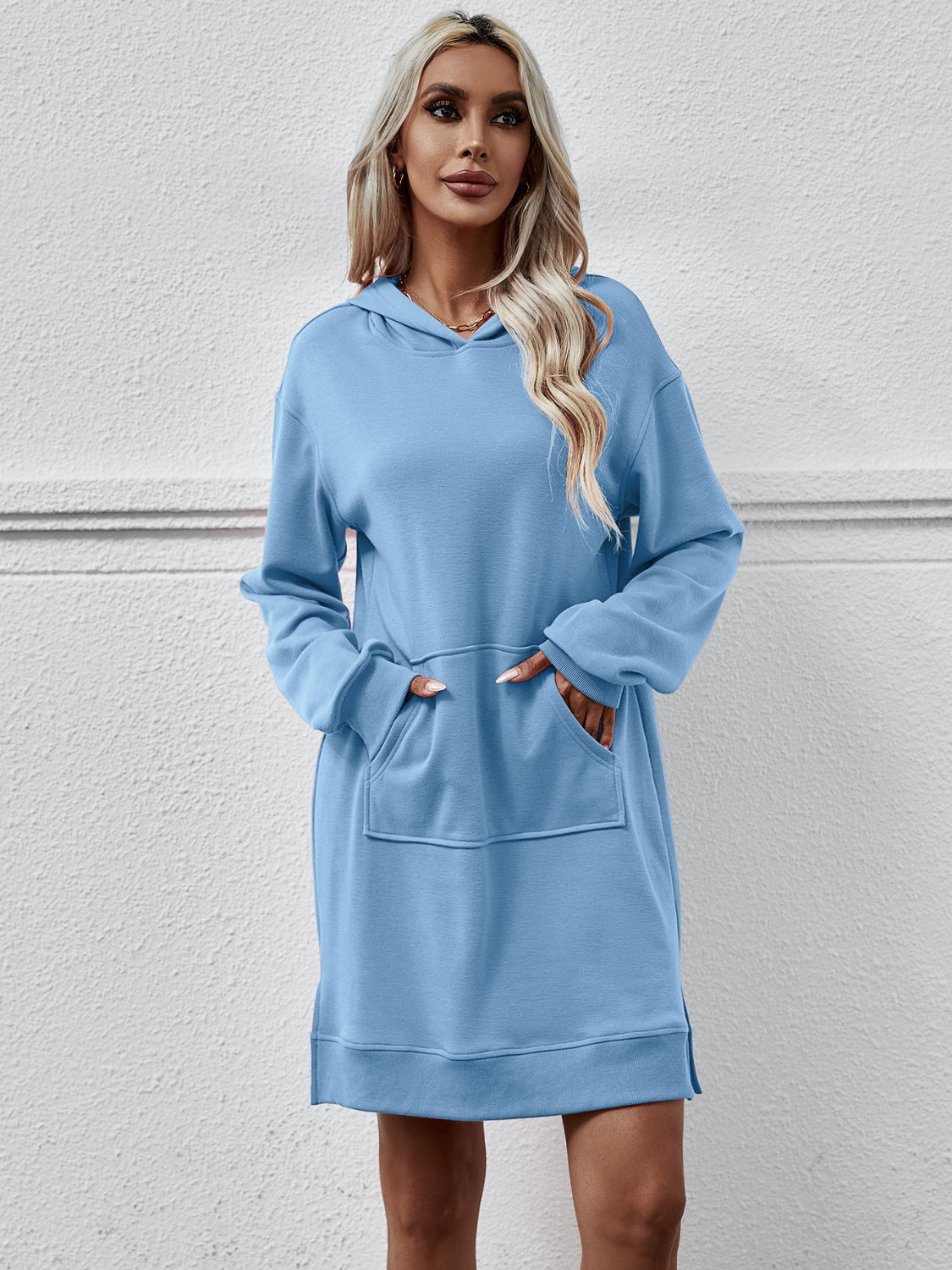 Slit Long Sleeve Hooded Dress with Pocket-Angel Casuals