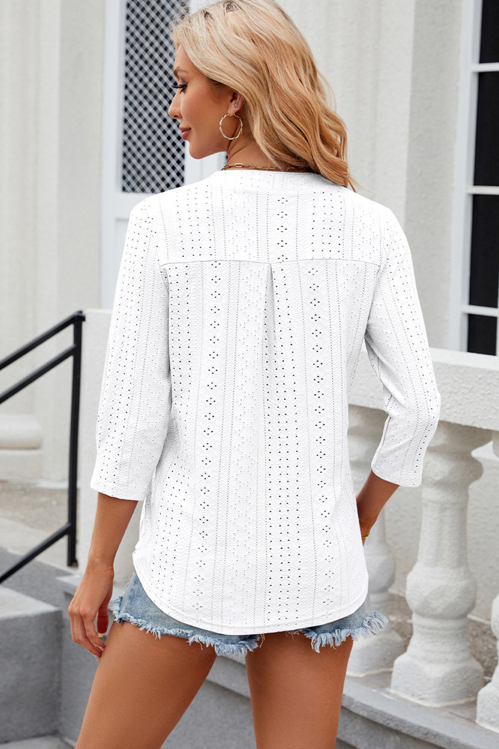 Eyelet Notched Knit Jacquard Top-Angel Casuals