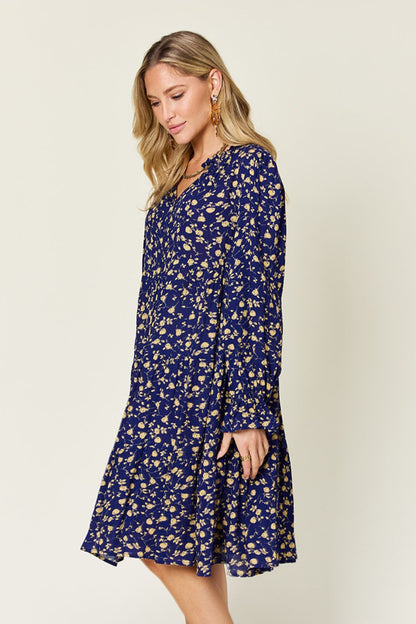 Double Take Full Size Printed Ruffle Hem Long Sleeve Dress-Angel Casuals