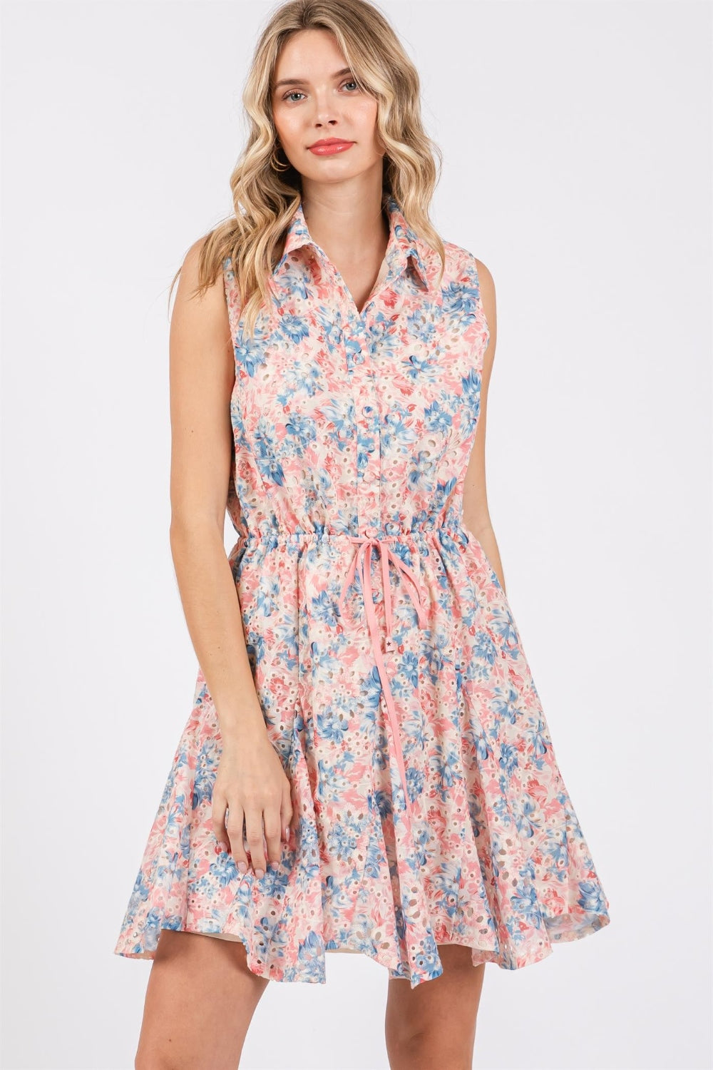 GeeGee Full Size Floral Eyelet Sleeveless Mini Dress-Angel Casuals