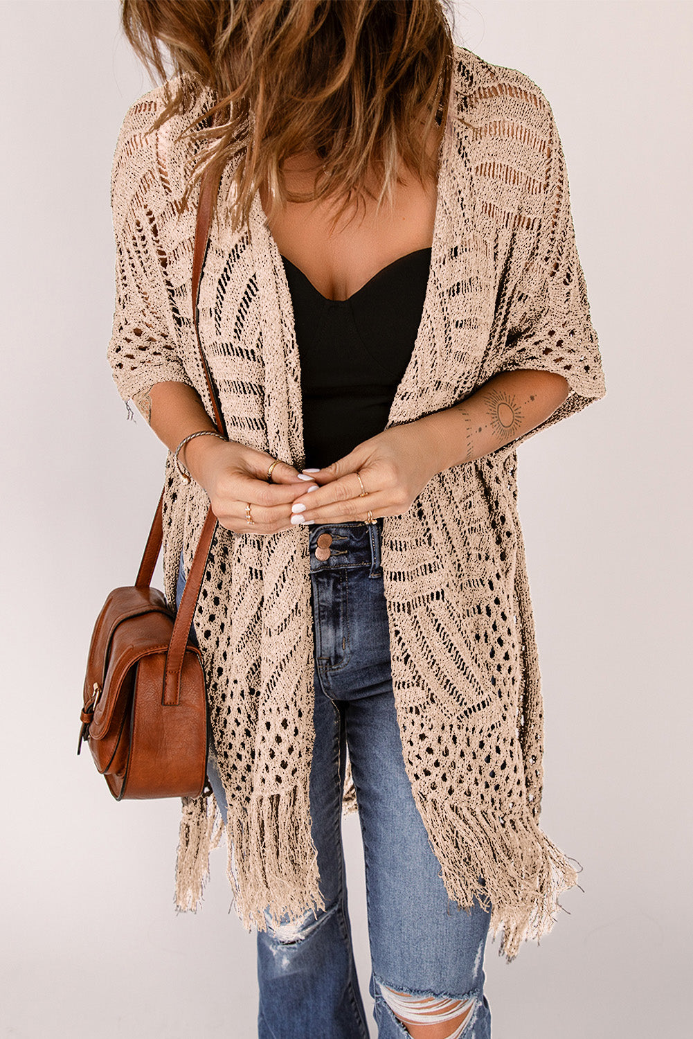 Openwork Open Front Cardigan with Fringes-Angel Casuals