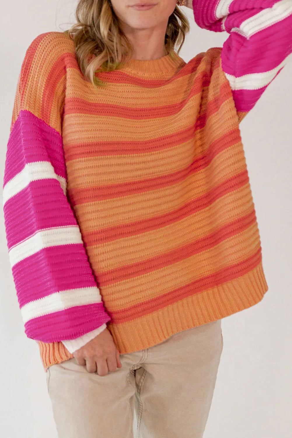 Striped Round Neck Long Sleeve Sweater-Angel Casuals