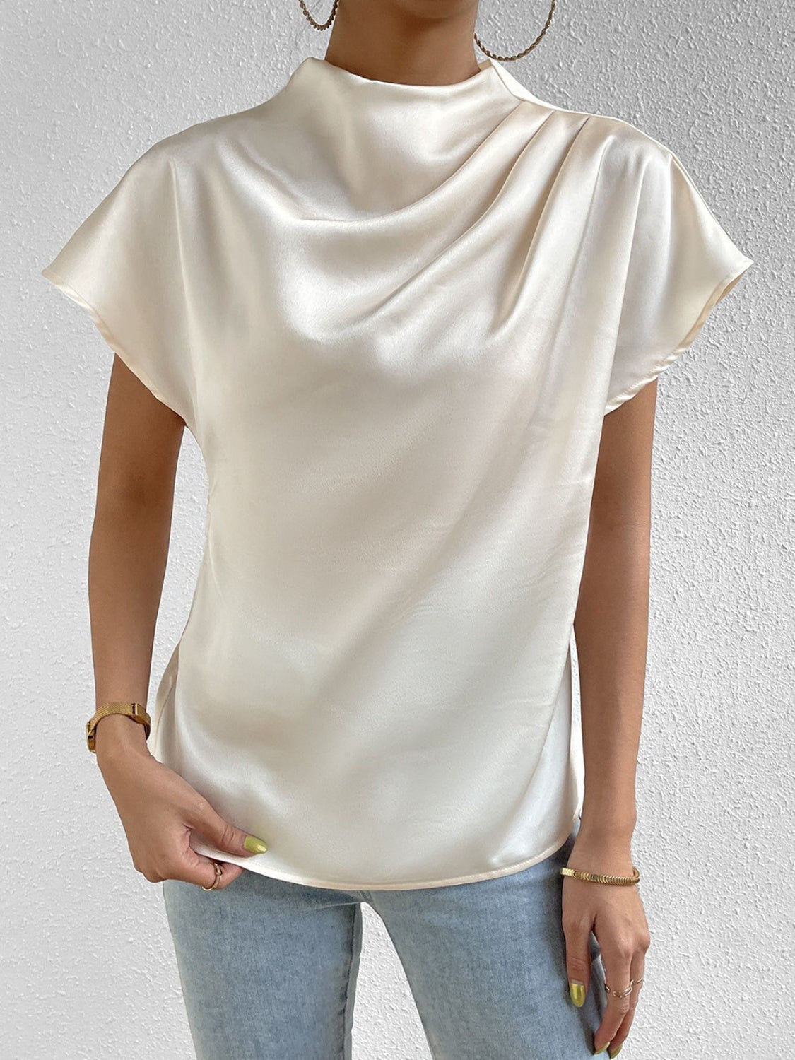 Ruched Mock Neck Short Sleeve Blouse-Angel Casuals