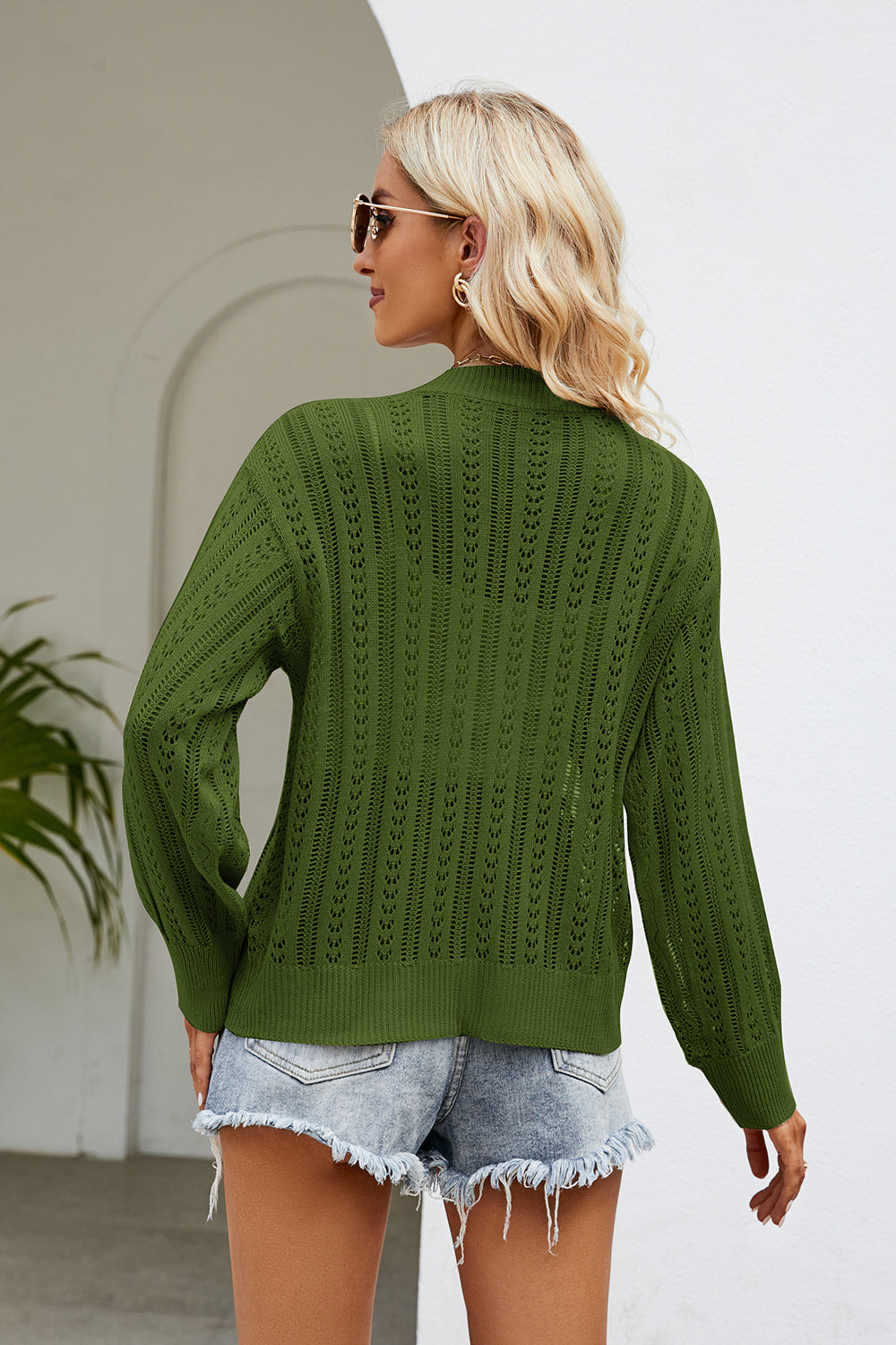 Openwork Button Front V-Neck Cardigan-Angel Casuals
