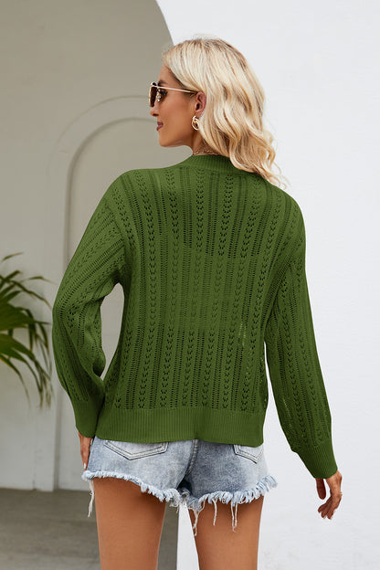 Openwork Button Front V-Neck Cardigan-Angel Casuals