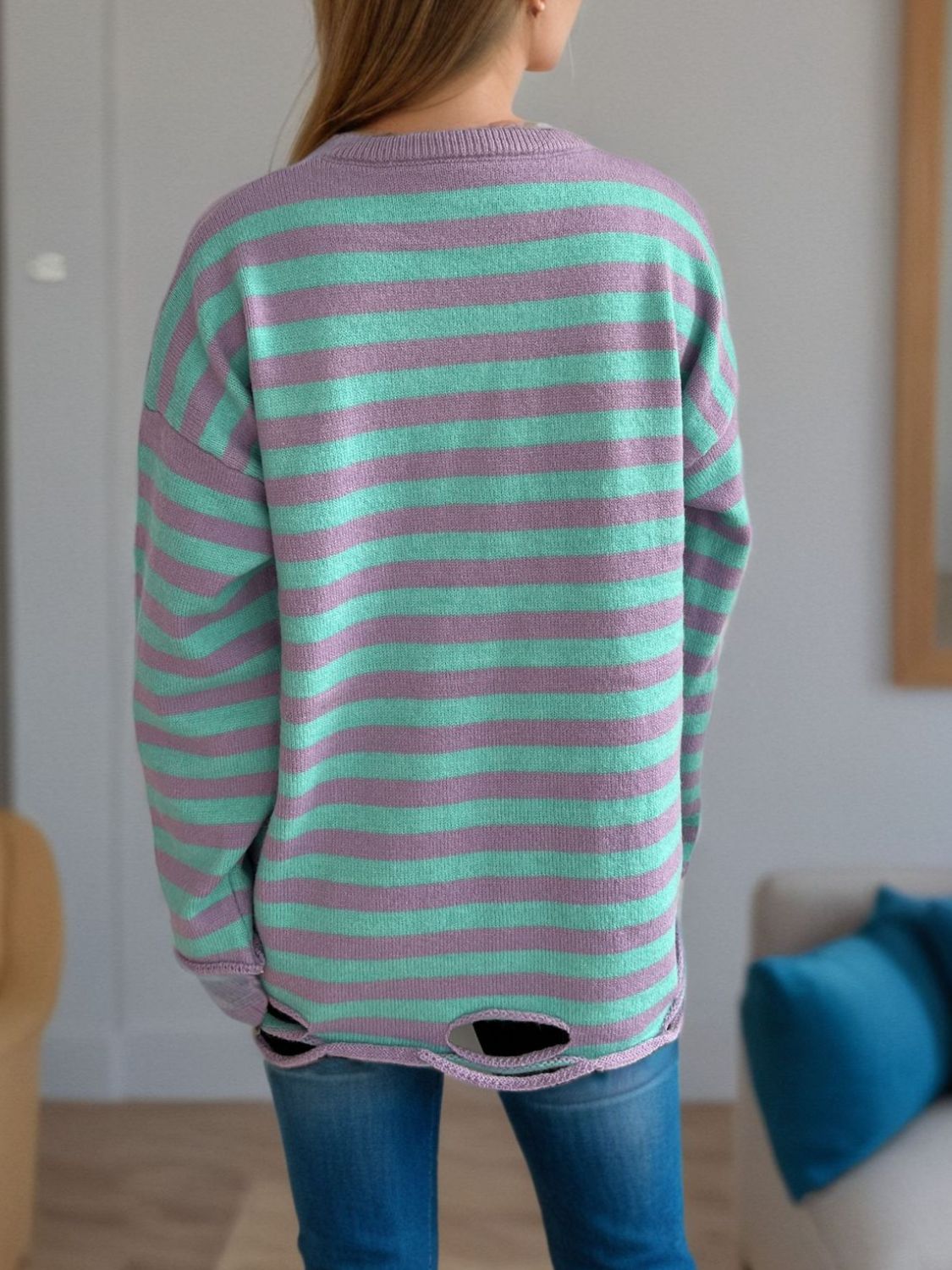 Distressed Striped Round Neck Long Sleeve Sweater-Angel Casuals