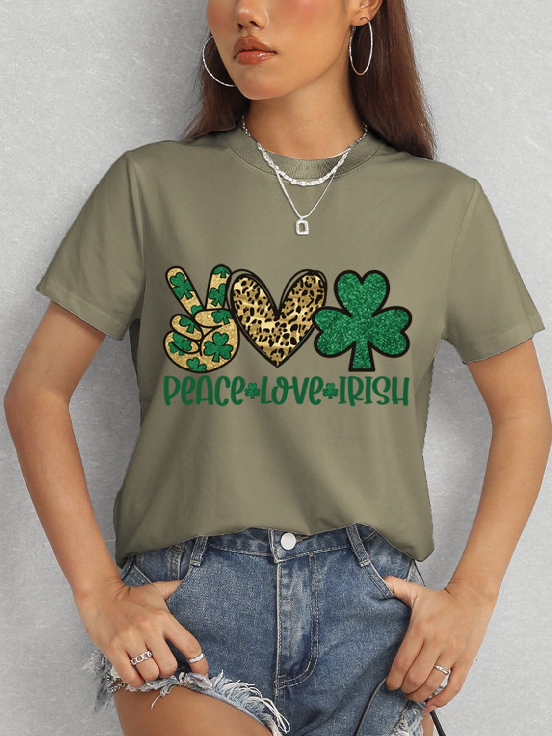 PEACE LOVE IRISH Round Neck Short Sleeve T-Shirt-Angel Casuals