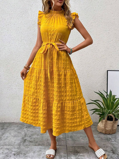 Tied Ruffled Cap Sleeve Midi Dress-Angel Casuals