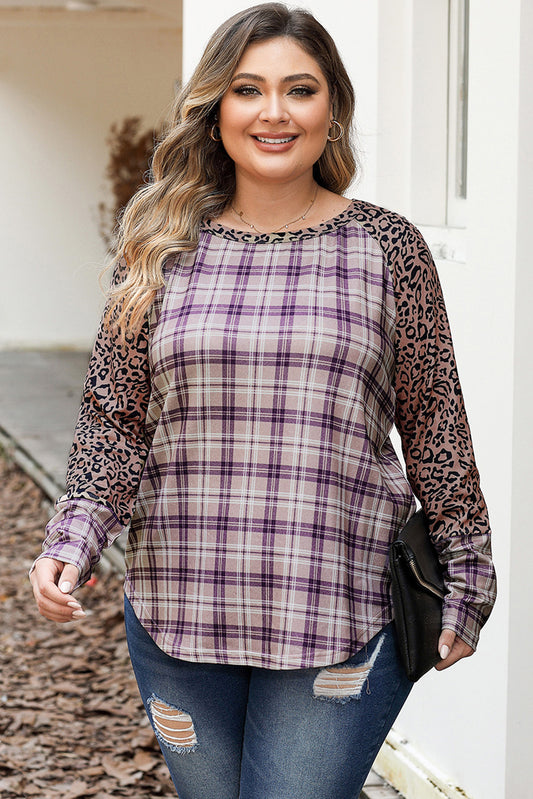 Plus Size Leopard Raglan Sleeve Plaid T-Shirt-Angel Casuals