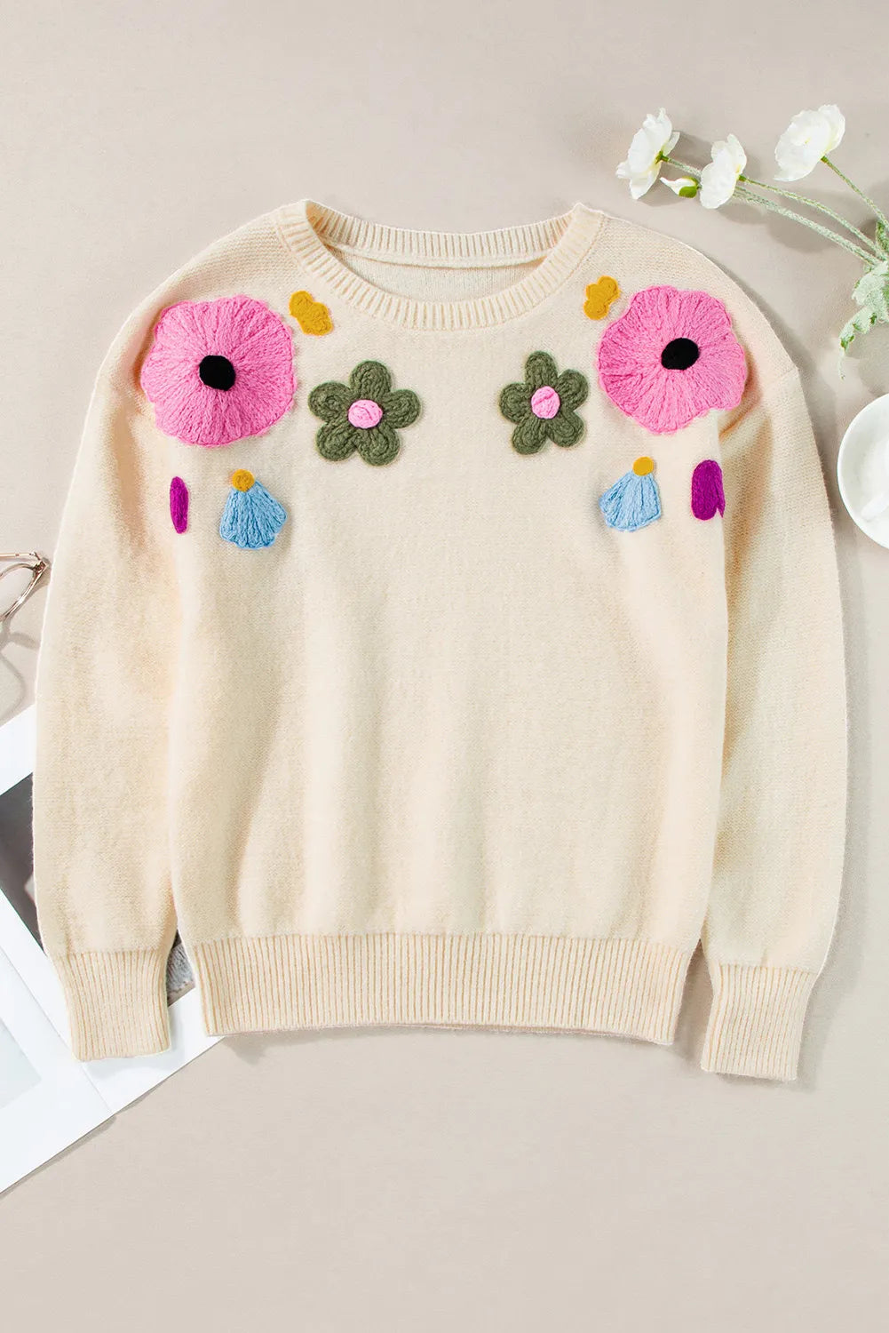 Plus Size Crochet Flower Round Neck Long Sleeve Sweater-Angel Casuals